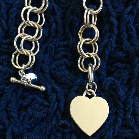 Silver Heart Chocker; Heavy, Toggle Clasp, Round Link, 17" long, Classic, Boho - Picture 3 of 5